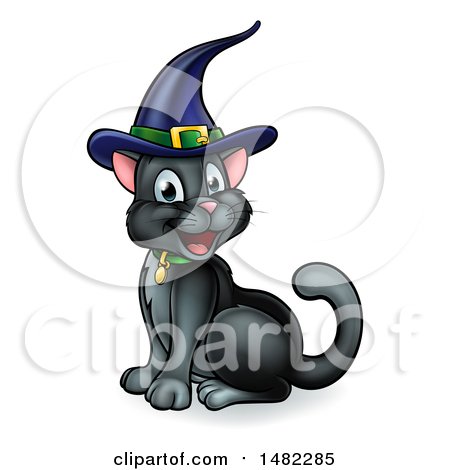 Clipart of a Happy Black Cat Wearing a Witch Hat and Sitting - Royalty Free Vector Illustration by AtStockIllustration