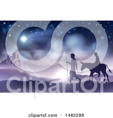 Clipart of a Silhouetted Scene of Mary and Joseph on Their Jouney - Royalty Free Vector Illustration by AtStockIllustration