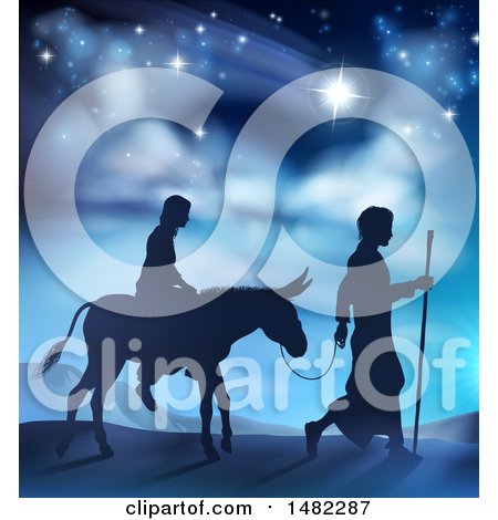 Clipart of a Silhouetted Scene of Mary and Joseph on Their Jouney - Royalty Free Vector Illustration by AtStockIllustration