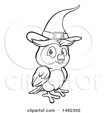 Clipart of a Cartoon Black and White Witch Owl Wearing a Hat - Royalty Free Vector Illustration by AtStockIllustration