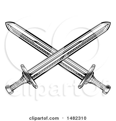 Clipart of Black and White Crossed Medieval Swords - Royalty Free Vector Illustration by AtStockIllustration