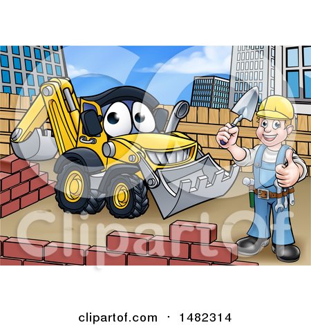 Clipart of a Happy Male Mason Holding a Thumb Up, Working near a Bulldozer Digger - Royalty Free Vector Illustration by AtStockIllustration