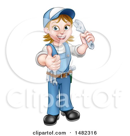 Clipart of a Cartoon Full Length Happy White Female Plumber Holding an Adjustable Wrench and Giving a Thumb up - Royalty Free Vector Illustration by AtStockIllustration