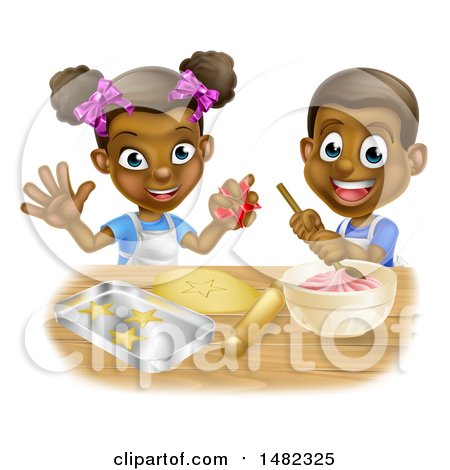 Clipart of a Cartoon Happy Black Girl and Boy Making Frosting and Star Cookies - Royalty Free Vector Illustration by AtStockIllustration