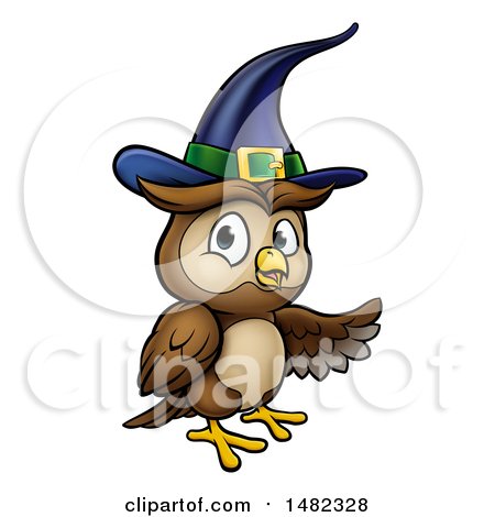 Clipart of a Cartoon Presenting Witch Owl Wearing a Hat - Royalty Free Vector Illustration by AtStockIllustration