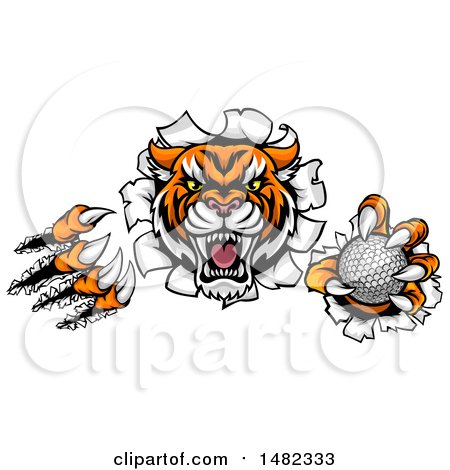 Clipart of a Vicious Tiger Mascot Slashing Through a Wall with a Golf Ball - Royalty Free Vector Illustration by AtStockIllustration