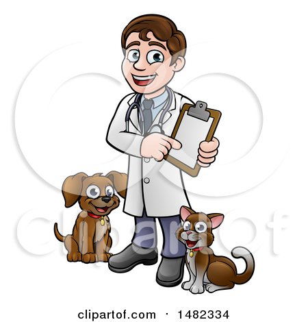 Clipart of a Cartoon Happy May Veterinarian Holding a Chart and Standing with a Dog and Cat - Royalty Free Vector Illustration by AtStockIllustration