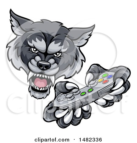 Clipart of a Mad Wolf Mascot Holding a Video Game Controller - Royalty Free Vector Illustration by AtStockIllustration