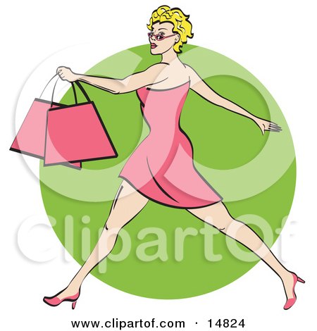 Pretty Blond Woman With Short Hair Taking Long Strides And Carrying Shopping Bags Clipart Illustration by Andy Nortnik