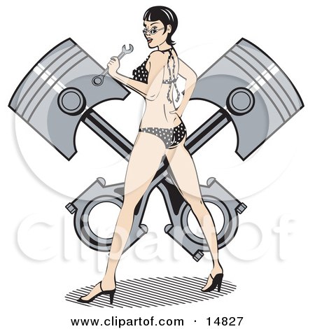 Sexy Brunette Woman In A Black And White Polka Dot Bikini And High Heels, Holding A Wrench And Looking Back While Standing In Front Of A Piston Clipart Illustration by Andy Nortnik