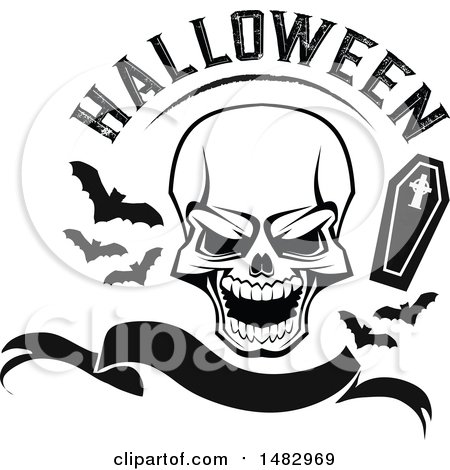 Clipart of a Skull with Halloween Text, Bats and a Coffin over a Banner - Royalty Free Vector Illustration by Vector Tradition SM
