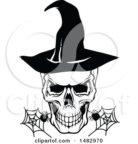 Clipart of a Halloween Skull Wearing a Witch Hat, with Spiders and Webs - Royalty Free Vector Illustration by Vector Tradition SM