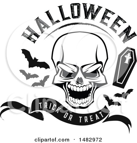 Clipart of a Skull with Halloween Text, Bats and a Coffin over a Trick or Treat Banner - Royalty Free Vector Illustration by Vector Tradition SM