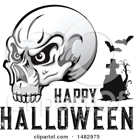 Clipart of a Skull with Happy Halloween Text and a Tombstone - Royalty Free Vector Illustration by Vector Tradition SM