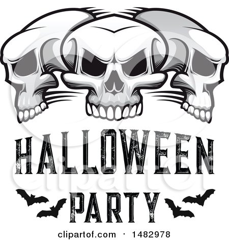 Clipart of a Trio of Skulls with Halloween Party Text and Bats - Royalty Free Vector Illustration by Vector Tradition SM