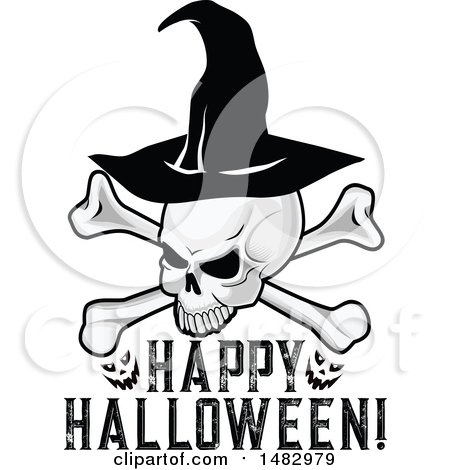 Clipart of a Halloween Skull Wearing a Witch Hat, over Happy Halloween Text - Royalty Free Vector Illustration by Vector Tradition SM