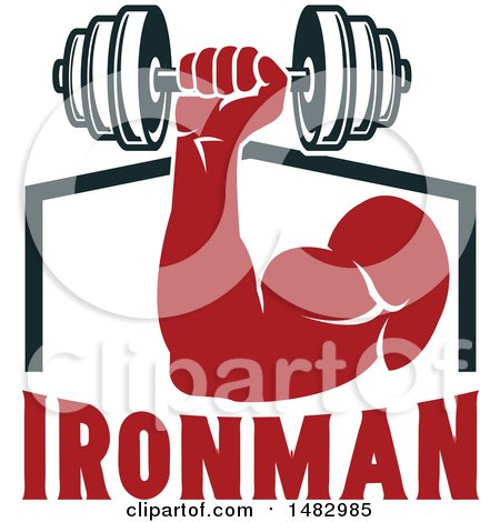 Clipart of a Bodybuilder's Arm Working out with a Dumbbell over Ironman Text - Royalty Free Vector Illustration by Vector Tradition SM