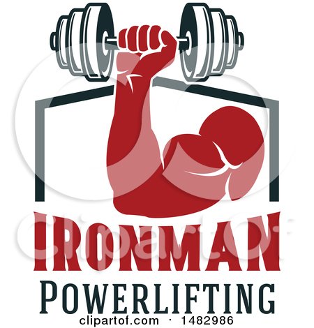 Clipart of a Bodybuilder's Arm Working out with a Dumbbell over Ironman Powerlifting Text - Royalty Free Vector Illustration by Vector Tradition SM