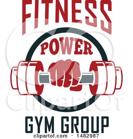 Clipart of a Hand Holding a Dumbbell in a Circle with Fitness Power Gym Group Text - Royalty Free Vector Illustration by Vector Tradition SM