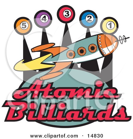 Space Rocket Flying Past Pool Balls On A Vintage Atomic Billiards Sign Clipart Illustration by Andy Nortnik
