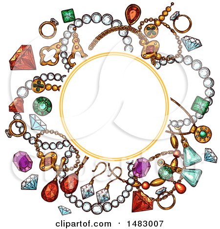 Clipart of a Sketched Gems and Jewelry Design with a Frame - Royalty Free Vector Illustration by Vector Tradition SM