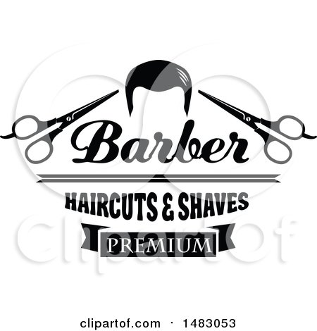 Clipart of a Black and White Hair, Scissors, Barber Haircuts and Shaves Design - Royalty Free Vector Illustration by Vector Tradition SM