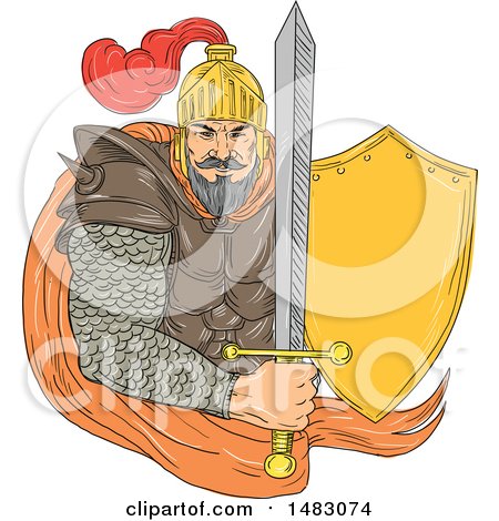 Clipart of a Sketched Medieval Knight Holdig a Sword and Shield - Royalty Free Vector Illustration by patrimonio