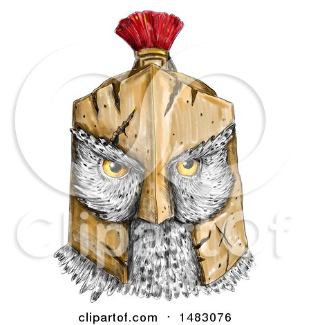 Clipart of an Owl Head Wearing a Spartan Helmet in Sketched Tattoo Style - Royalty Free Illustration by patrimonio