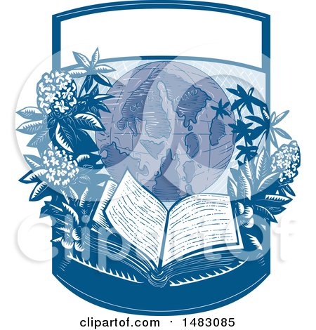 Clipart of a Globe with Rhododendron Flowers and an Open Book in a Crest - Royalty Free Vector Illustration by patrimonio