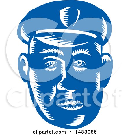 Clipart of a Blue Woodcut Police Man's Face - Royalty Free Vector Illustration by patrimonio