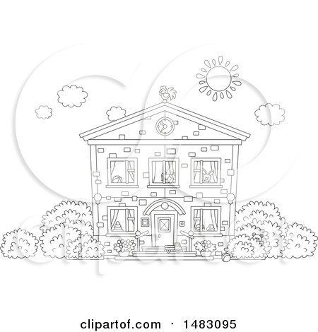 Clipart of a Black and White Two Story Home Facade on a Sunny Day - Royalty Free Vector Illustration by Alex Bannykh