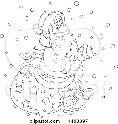 Clipart of a Black and White Christmas Santa Claus Sitting on a Sack in the Snow - Royalty Free Vector Illustration by Alex Bannykh