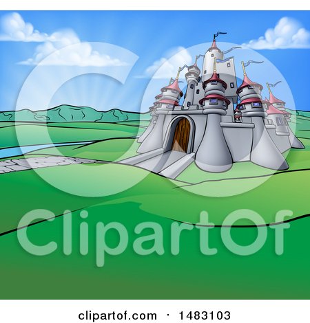 Clipart of a Cartoon Castle in a Hilly Landscape at Sunrise - Royalty Free Vector Illustration by AtStockIllustration