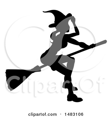 Clipart of a Silhouetted Witch Tipping Her Hat and Flying on a Broomstick - Royalty Free Vector Illustration by AtStockIllustration