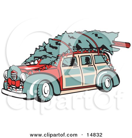 Red Woodie Car Carrying A Christmas Tree On The Roof, Decorated In Christmas Lights And A Wreath Retro Clipart Illustration by Andy Nortnik