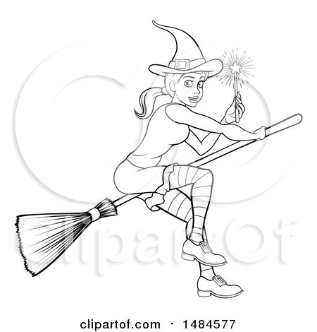 Clipart of a Black and White Witch Holding a Magic Wand and Flying on a Broomstick - Royalty Free Vector Illustration by AtStockIllustration