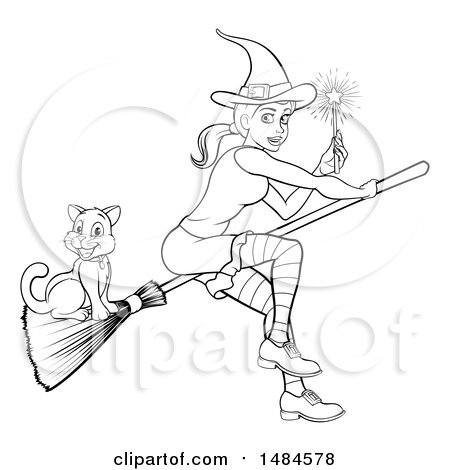 Clipart of a Black and White Witch Holding a Magic Wand and Flying with a Cat on a Broomstick - Royalty Free Vector Illustration by AtStockIllustration