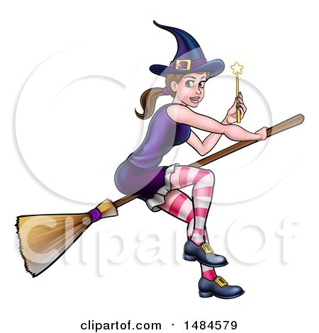 Clipart of a Witch Holding a Magic Wand and Flying on a Broomstick - Royalty Free Vector Illustration by AtStockIllustration