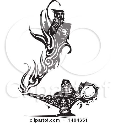 Clipart of a Genie and Lamp, in Black and White Woodcut Style - Royalty Free Vector Illustration by xunantunich