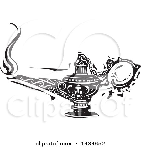 Clipart of a Genie Aladdin Lamp, in Black and White Woodcut Style - Royalty Free Vector Illustration by xunantunich