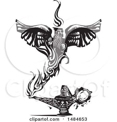 Clipart of a Winged Genie and Lamp, in Black and White Woodcut Style - Royalty Free Vector Illustration by xunantunich