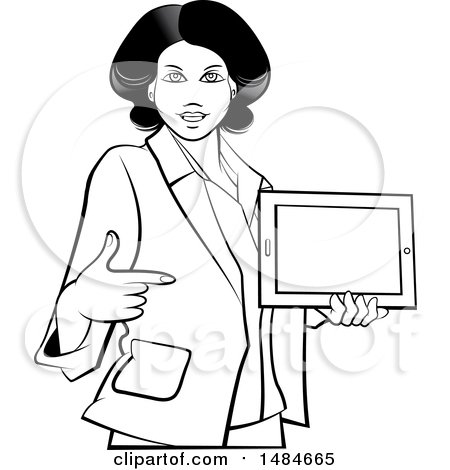 Clipart of a Grayscale Hispanic Business Woman Holding and Pointing to a Tablet Computer - Royalty Free Vector Illustration by Lal Perera