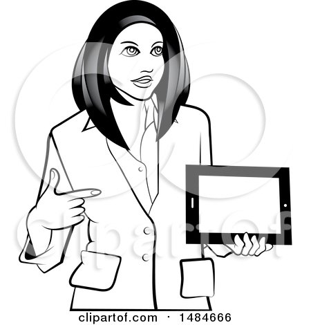 Clipart of a Grayscale Hispanic Business Woman Holding and Pointing to a Tablet Computer - Royalty Free Vector Illustration by Lal Perera