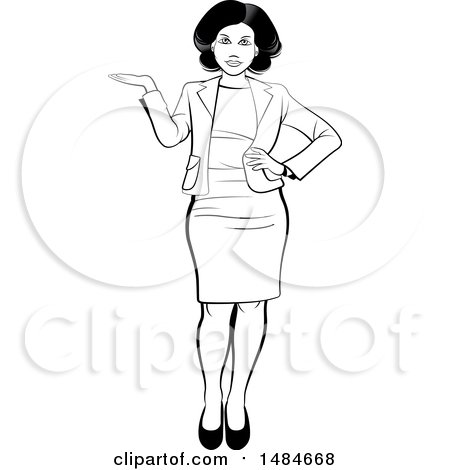 Clipart of a Grayscale Full Length Hispanic Business Woman Presenting - Royalty Free Vector Illustration by Lal Perera