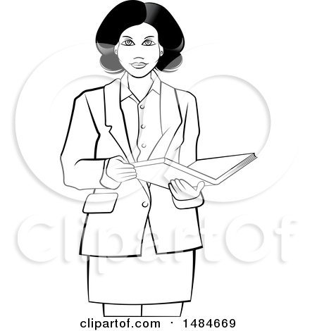 Clipart of a Grayscale Hispanic Business Woman Holding an Open Book - Royalty Free Vector Illustration by Lal Perera