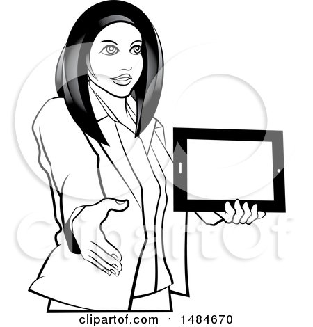 Clipart of a Grayscale Hispanic Business Woman Holding a Tablet Computer and Reaching out to Shake Hands - Royalty Free Vector Illustration by Lal Perera