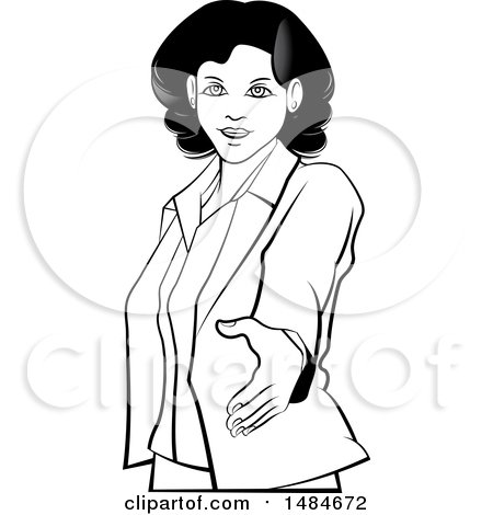 Clipart of a Grayscale Hispanic Business Woman Reaching out to Shake Hands - Royalty Free Vector Illustration by Lal Perera