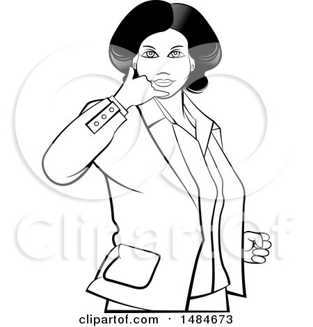 Clipart of a Grayscale Hispanic Business Woman Gesturing Call Me - Royalty Free Vector Illustration by Lal Perera