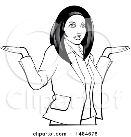 Clipart of a Grayscale Hispanic Business Woman Shrugging - Royalty Free Vector Illustration by Lal Perera