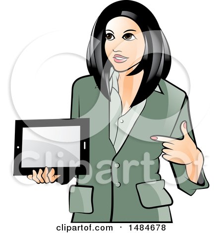 Clipart of a Hispanic Business Woman Holding and Pointing to a Tablet Computer - Royalty Free Vector Illustration by Lal Perera